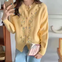 Embroidered Three-dimensional Flower Knitted Cardigan Women's Sweater Coat - Yellow - View 1