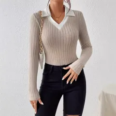 Pullover Knitting Long-sleeved Top Large V Lapel - Apricot - View 1