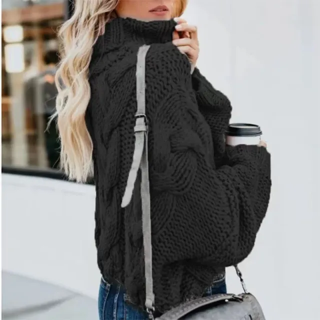 Women's Fashion Casual Turtleneck Pullover Loose fitting Long Sleeves Sweater Black - Shop at LoveMi