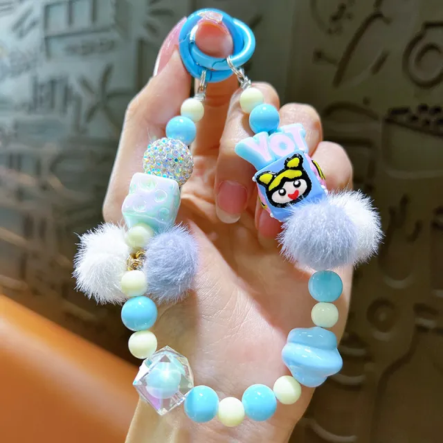 Creative Hand painted Beads Plush Beaded Mobile Phone Charm Keychain Blue Letters Random - Shop at LoveMi