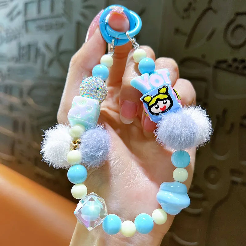 Creative Hand-painted Beads Plush Beaded Mobile Phone Charm Keychain - Blue Letters Random