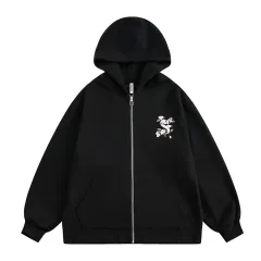 Small Floral Vine Embroidery Hooded Loose Coat - Black - View 1