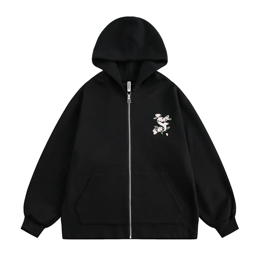 Small Floral Vine Embroidery Hooded Loose Coat - Black