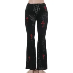 Casual All-matching Slim Fit Embroidered Bell-bottom Pants Women - Black - View 1