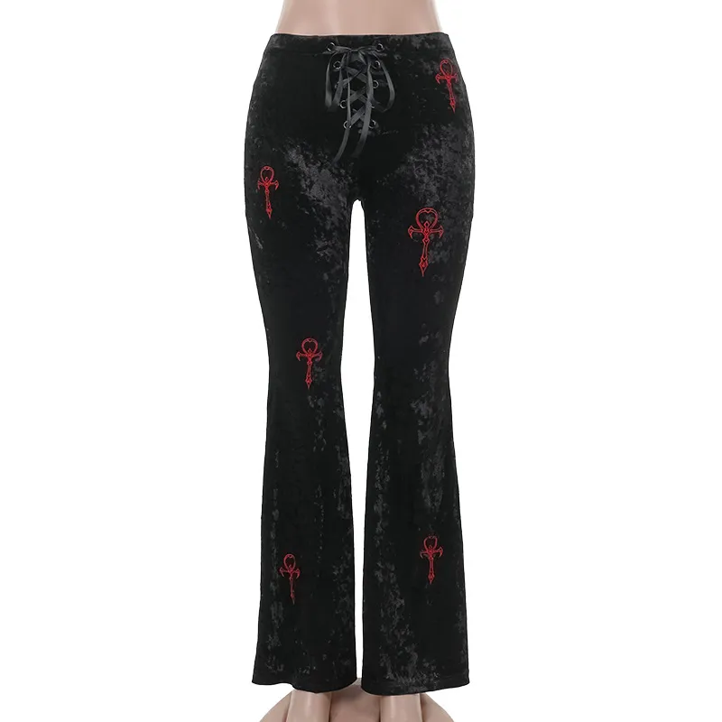 Casual All-matching Slim Fit Embroidered Bell-bottom Pants Women - Black