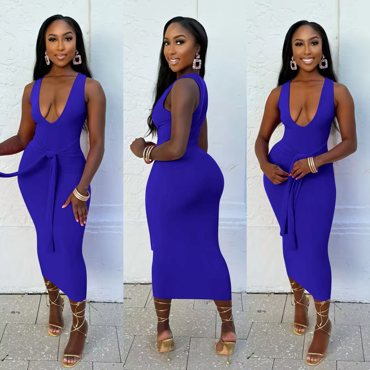 Fashionable V-neck Solid-color Long Dress 79cd6f39 C71a 4776 9466 4b01fd4a8cd8