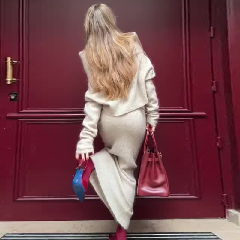 Fashionable Knitted Off-shoulder Top Lapel Skirt Two-piece Set