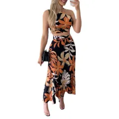 Casual Printed Short Lace Vest High Waist Dress - Black - View 1