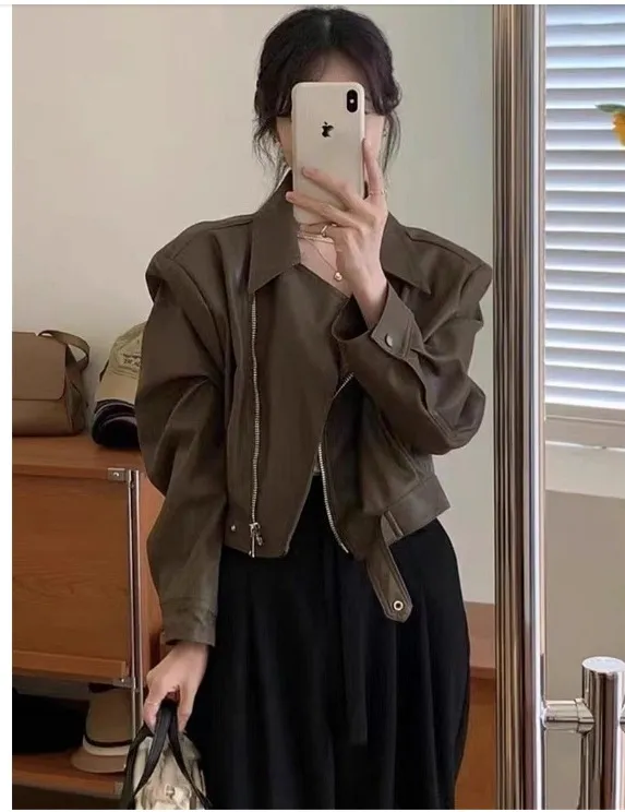 Women's Retro Long sleeved Leather Coat Jacket Brown - Shop at LoveMi