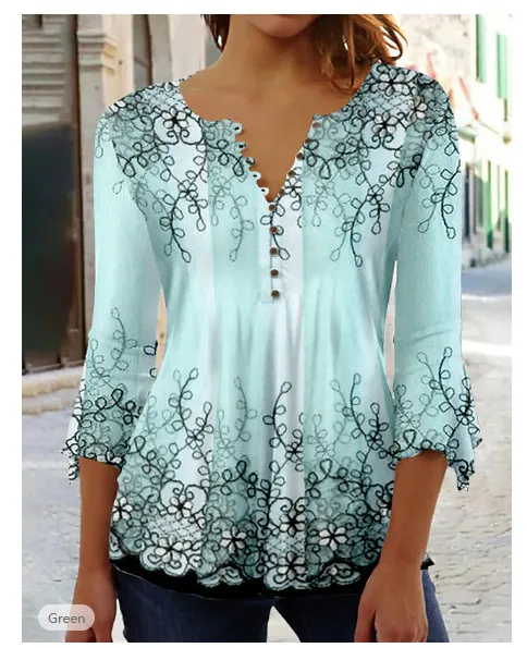 Fashion Flower Printed V neck Three quarter length sleeved T shirt Element 3 4Xl - Shop at LoveMi