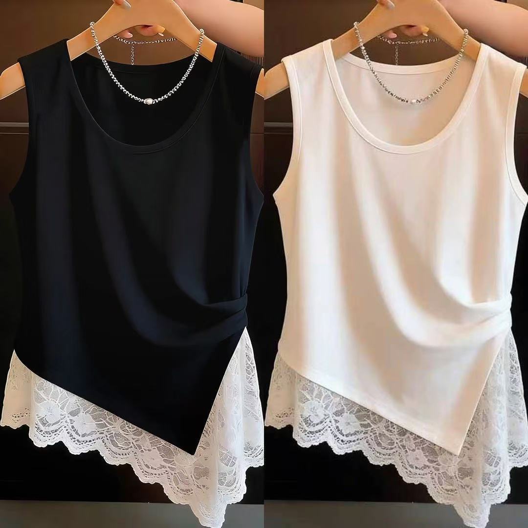 Plus-size Designer-style Lace-trimmed Patchwork Vest