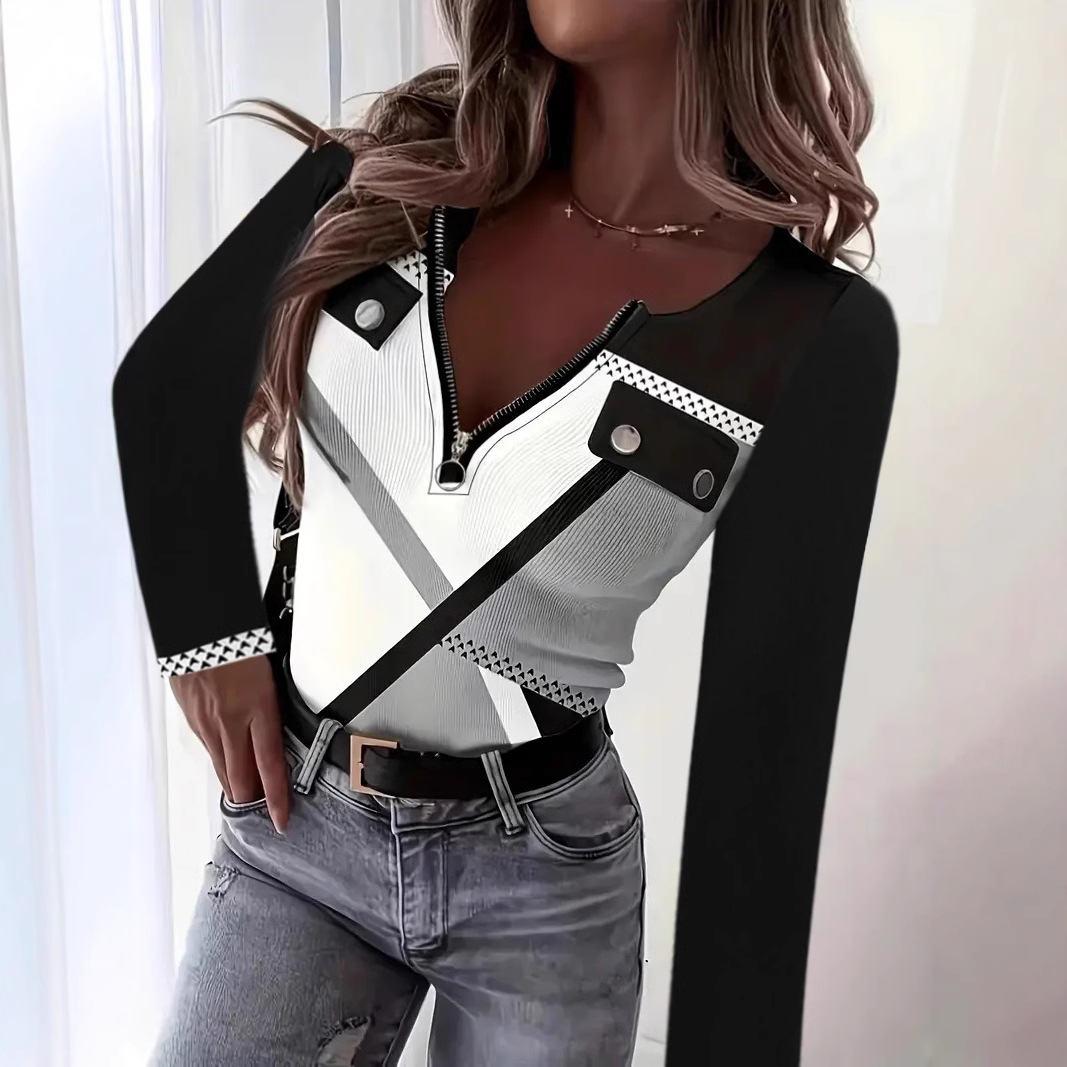 V-collar Contrast Color Printed Slim-fit Pullover Zipper Top