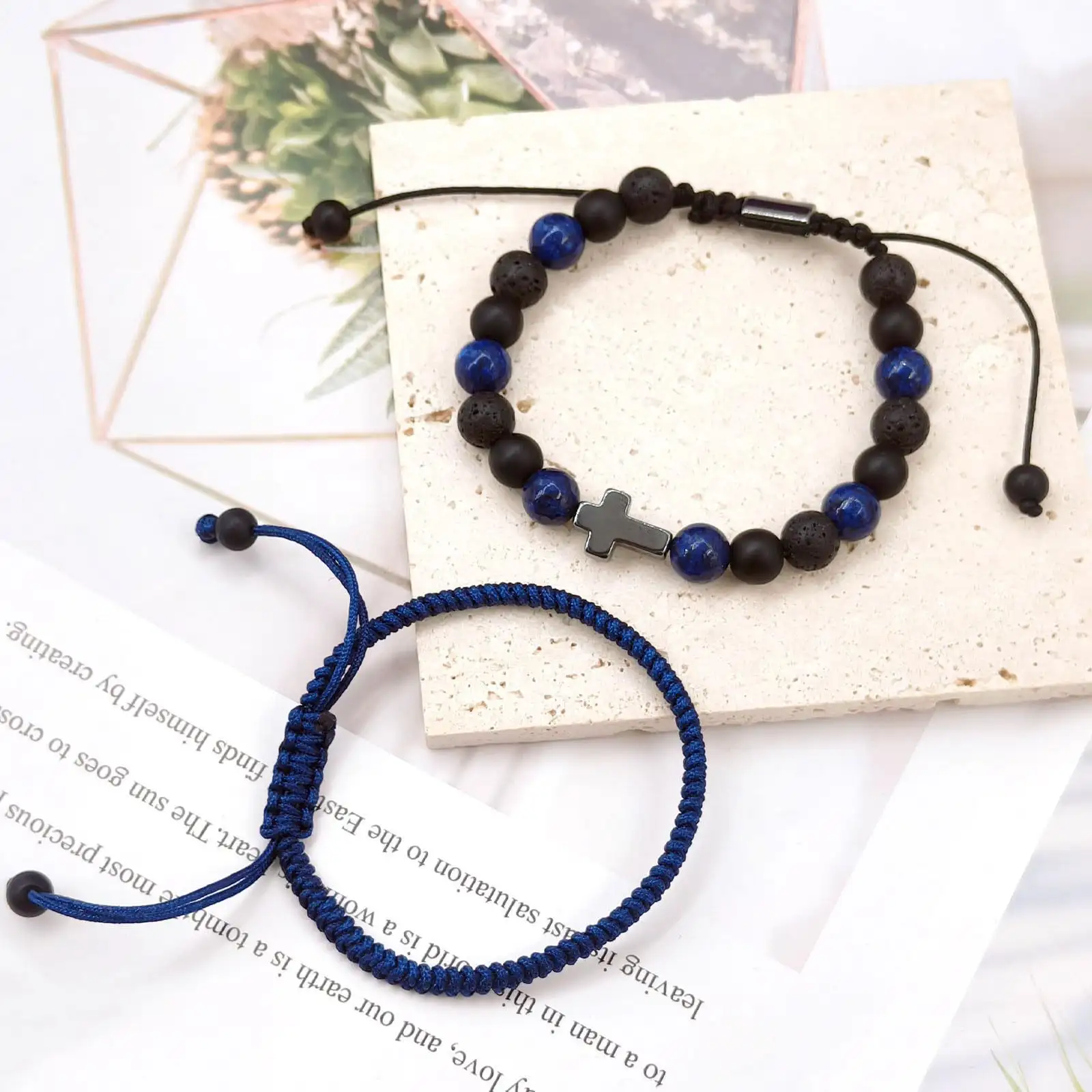 Hand-woven Cross Lapis Lazuli Black Matte Volcanic Stone Beaded Bracelet Set