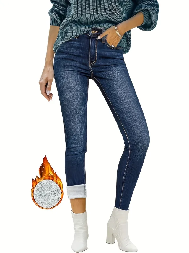 Women's Front Button Simple Velvet Slim Fit Skinny Jeans Daily Casual Dark Blue - Shop at LoveMi