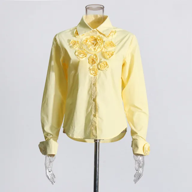 Women's Stitching Flower Decoration Polo Collar Top Yellow - Shop at LoveMi