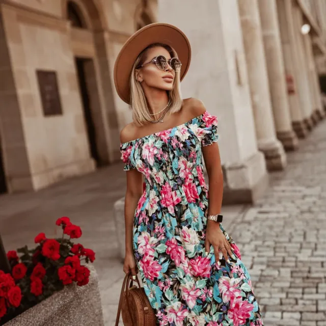 Summer New European And American Women's Off shoulder Tube Top Cinched Waist Short Sleeve Dress Blue - Shop at LoveMi