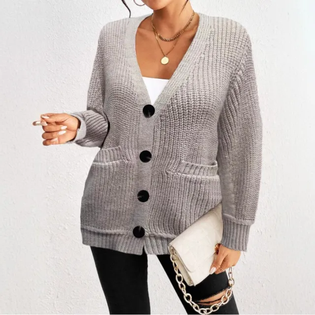 Fashion Loose Pockets Button Women's Cardigan Sweater Khaki - Shop at LoveMi