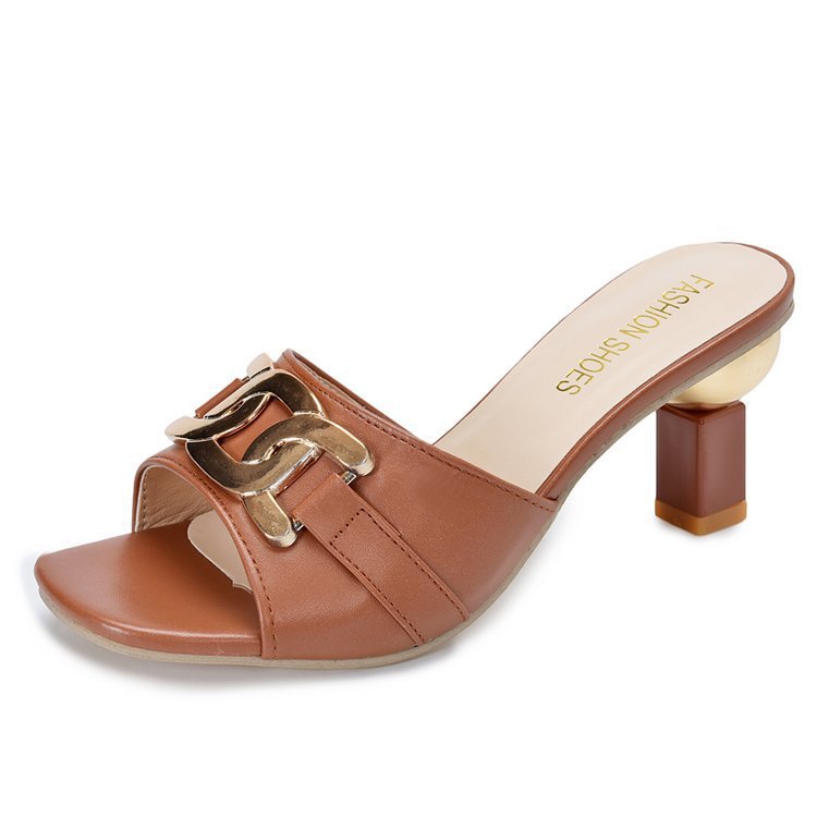 Womens Metal-buckle High-heeled Peep-toe Slippers