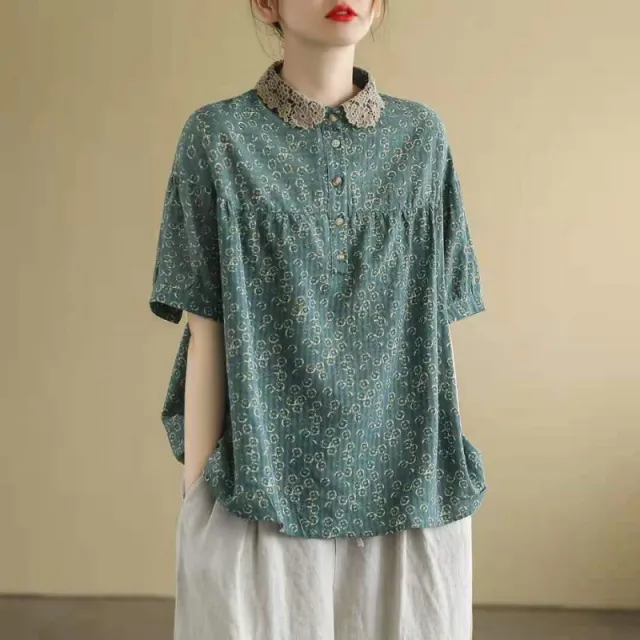 Artistic Retro Cotton And Linen Floral Short sleeved T shirt For Women Green - Shop at LoveMi