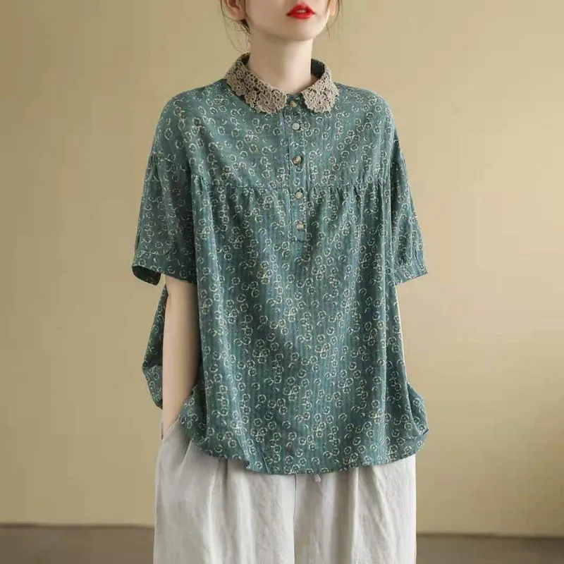 Artistic Retro Cotton And Linen Floral Short-sleeved T-shirt For Women - Green