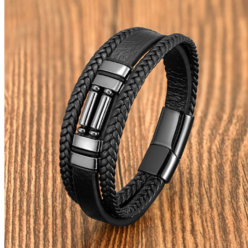 Stainless Steel Magnetic Buckle Round Tube Tiger's Eye Leather Bracelet