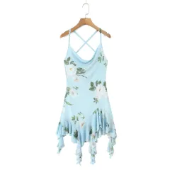 European And American Style Floral Print Asymmetric Knitted Sling Swing Collar Dress - View 1