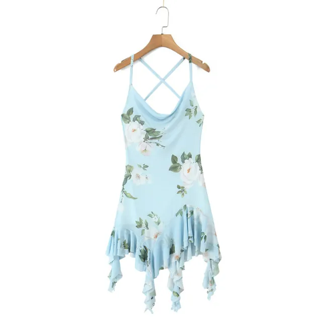 European And American Style Floral Print Asymmetric Knitted Sling Swing Collar Dress - Shop at LoveMi