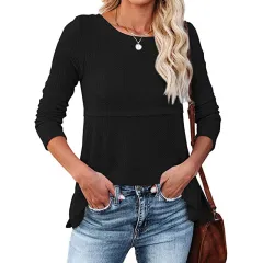 Women's Waffle Fashion Back Hollow Round Neck Long Sleeve Top - Black - View 1