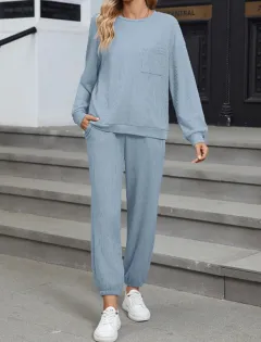 New Solid Colour Knitting Belt Pocket Long Sleeve Top And Trousers Two Pieces - Sky Blue - View 1
