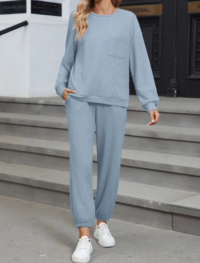 New Solid Color Knitting Belt Pocket Long Sleeve Top And Trousers Two Pieces Blue - Shop at LoveMi