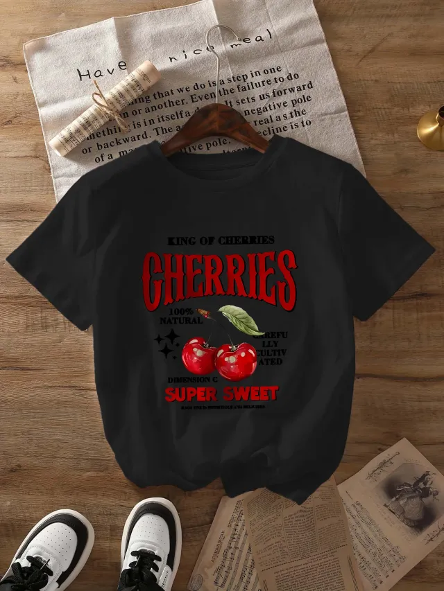 Top Round Neck Cartoon Printed Short Sleeve Black - Shop at LoveMi