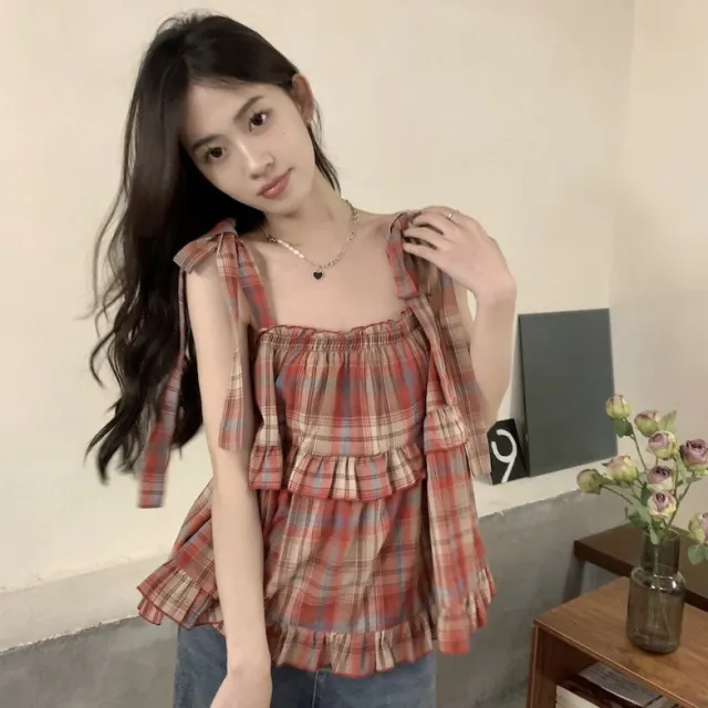Plaid Short Sleeveless Outer Wear Camisole Women's Spring And Summer Vest Top Red Plaid - Shop at LoveMi