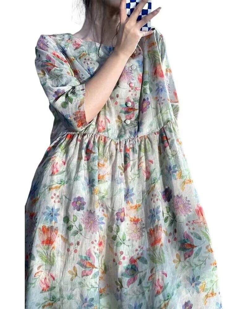 Mori Style Cotton Linen Ramie Floral Dress