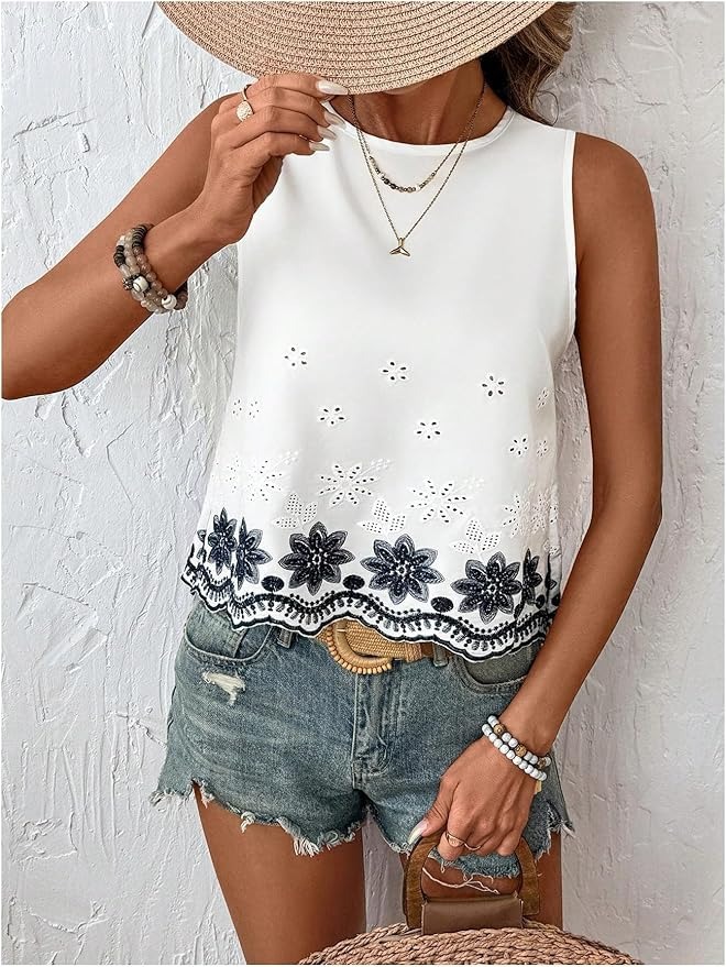 Elegant Embroidered Sleeveless Top With Fan-Shaped Lace thumbnail 6