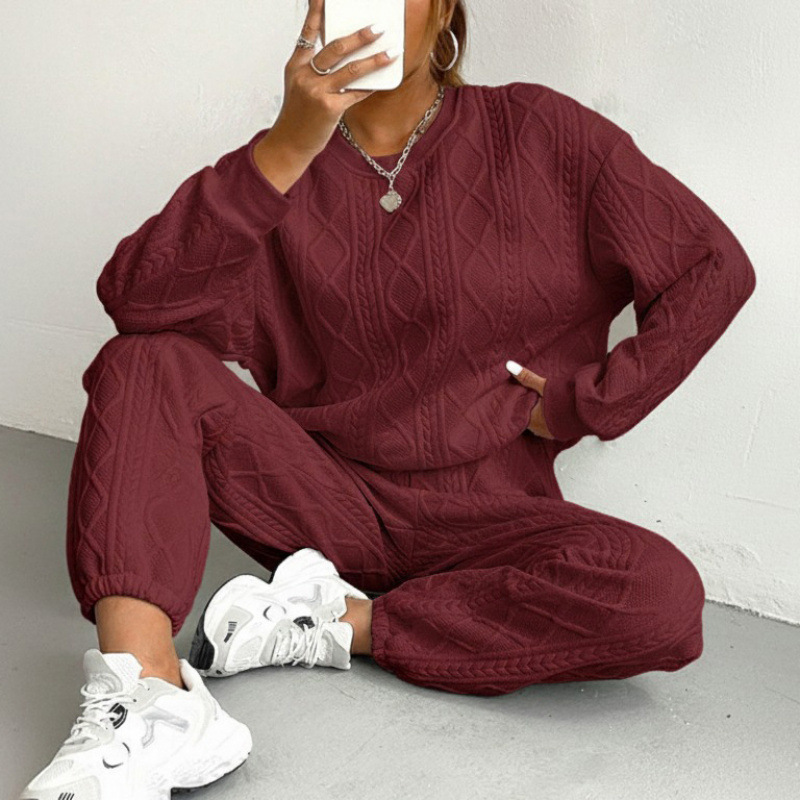 Women's Solid-Color Cable-Knit Patchwork Crew-Neck Top And Pants Set