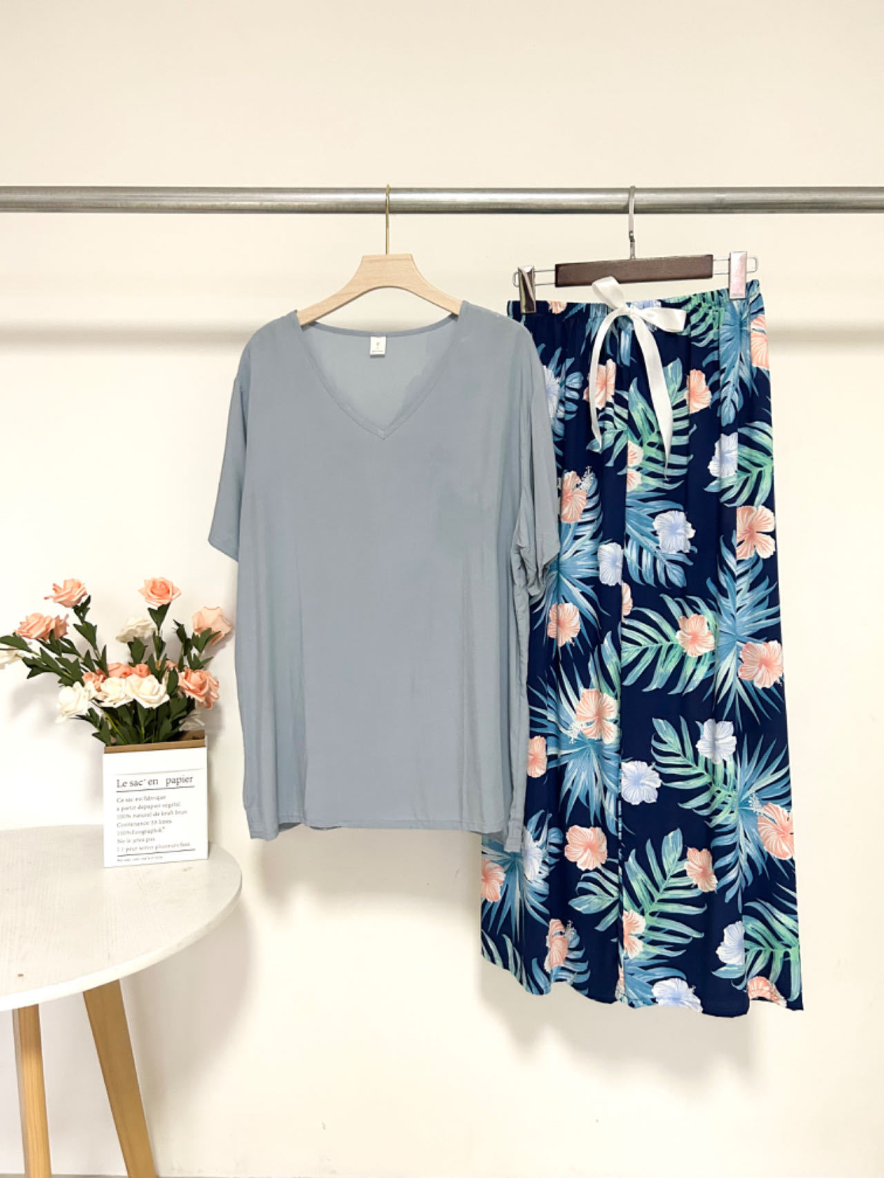 Summer Artificial Cotton Thin Short Sleeve Pants Loungewear Suit Gold - Shop at LoveMi