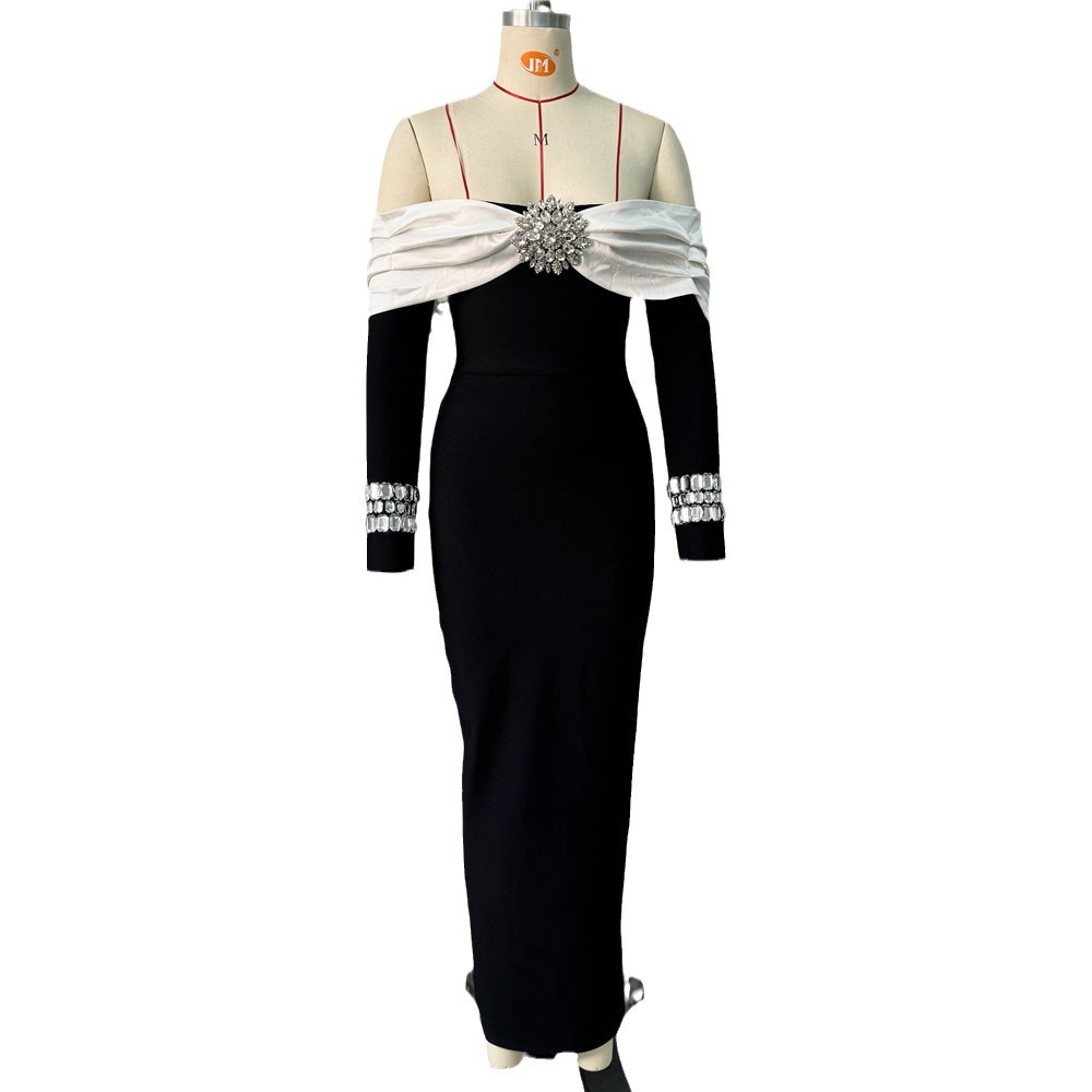 Elegant Contrast Color Heavy Industry Set Diamond Evening Dress Elegant Off-shoulder
