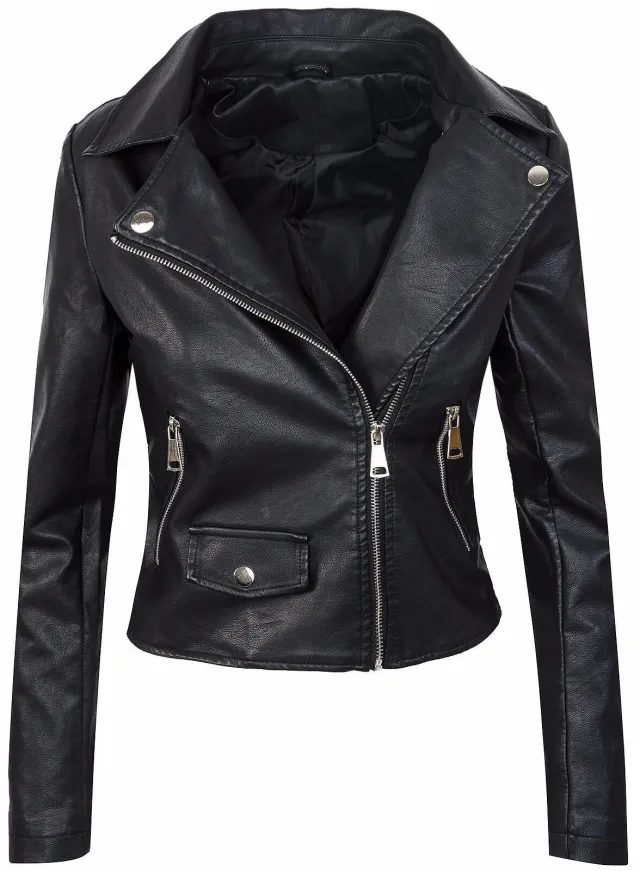 Women's Fall Winter Coat Slim PU Leather Short Zipper Leather Jacket Leather Coat Black - Shop at LoveMi