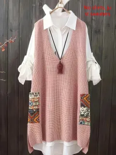 Women's Knitted Vest Loose V-neck - Pink - View 1