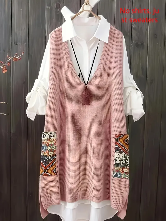 Women's Knitted Vest Loose V neck Pink - Shop at LoveMi