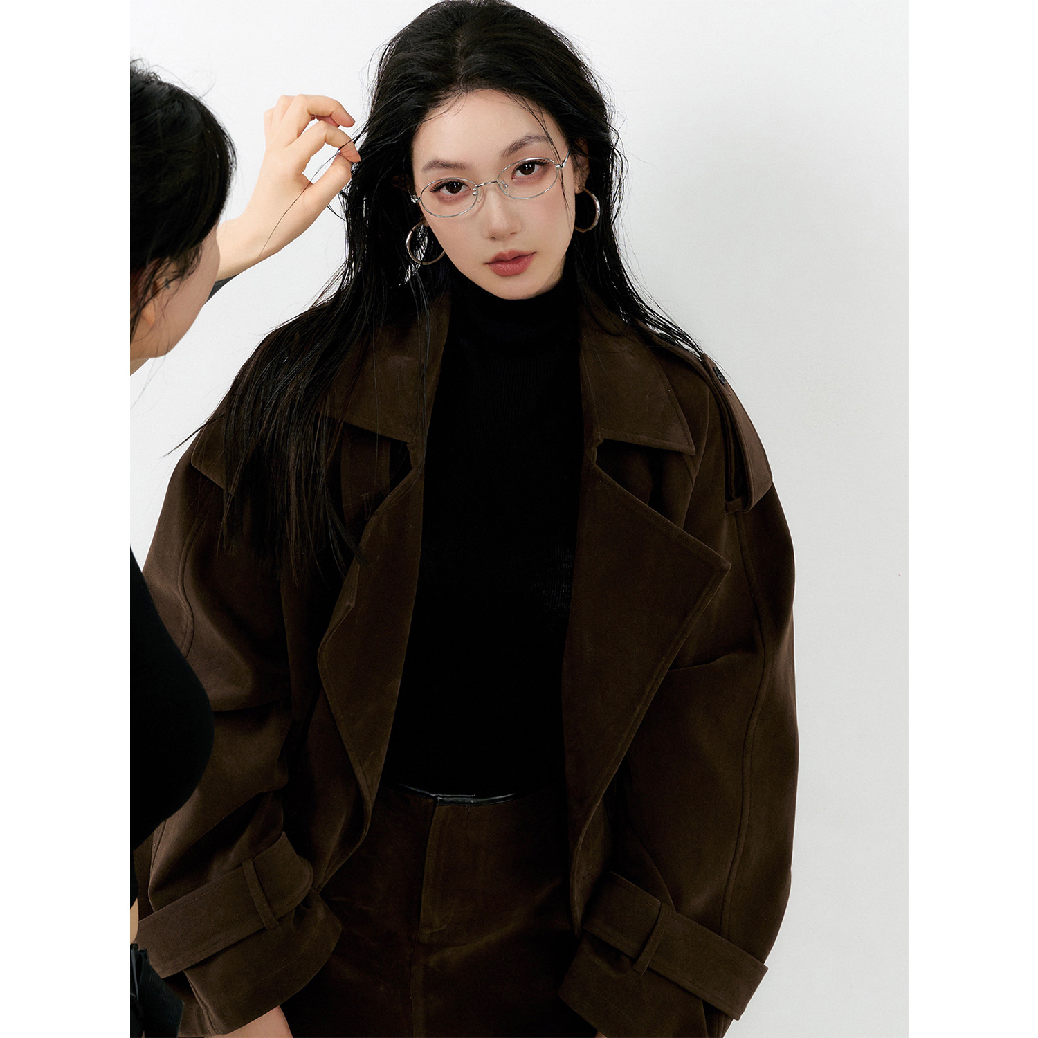 Suede Lapel Trench Coat Skirt Suit