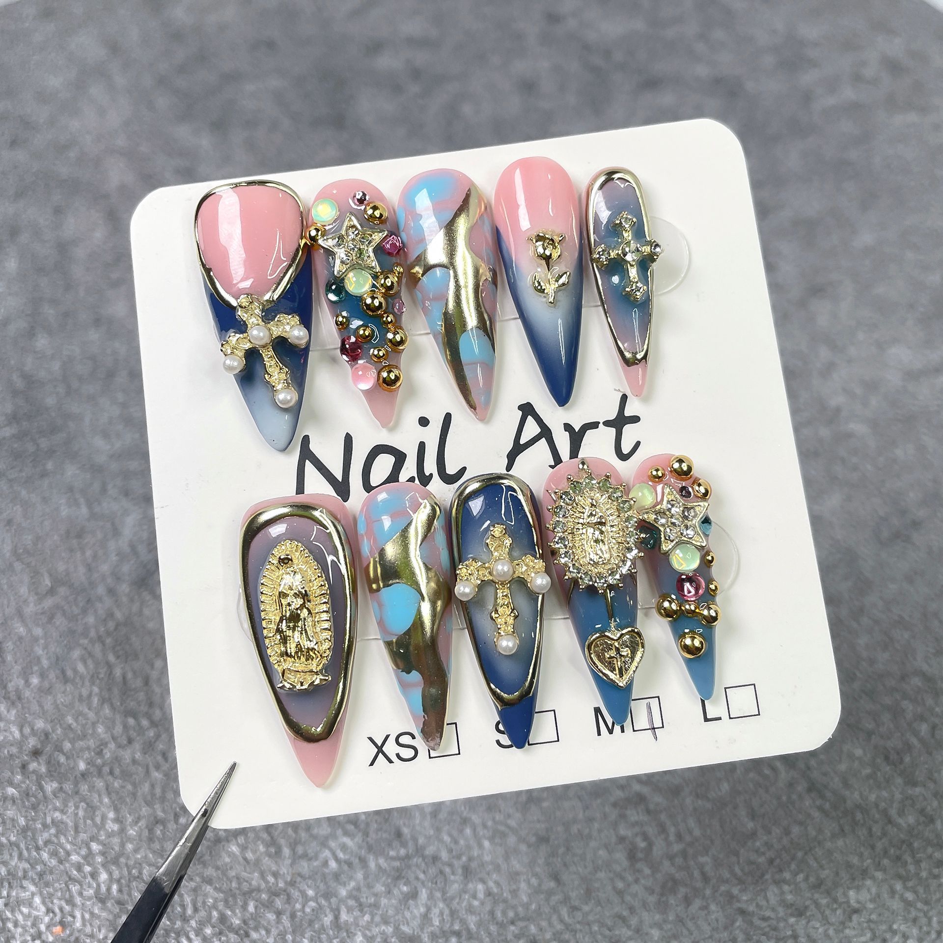 Long Pointed Nail Art In A Vintage Ethereal Style With A Gradient Effect