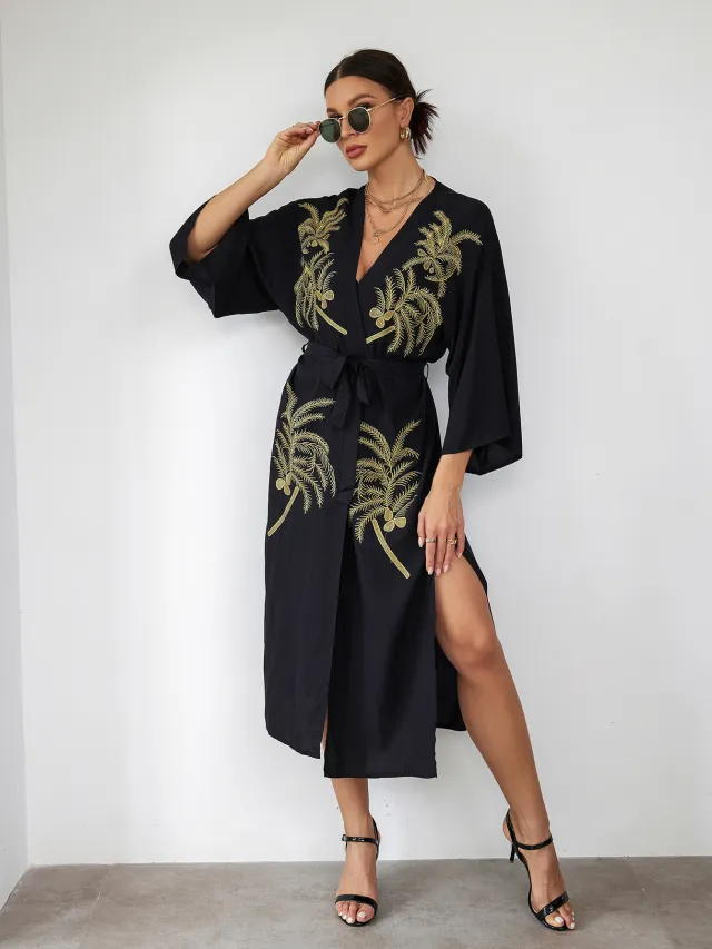 Womens Embroidered Beach Cover Up Sun Protective Cardigan Bikini Black - Shop at LoveMi
