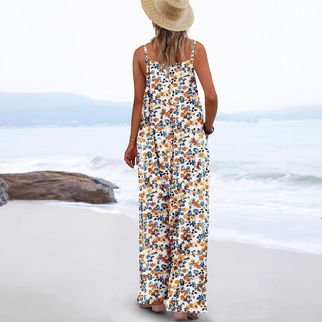 Adjustable-Strap Printed Casual Suspender Floral Jumpsuit