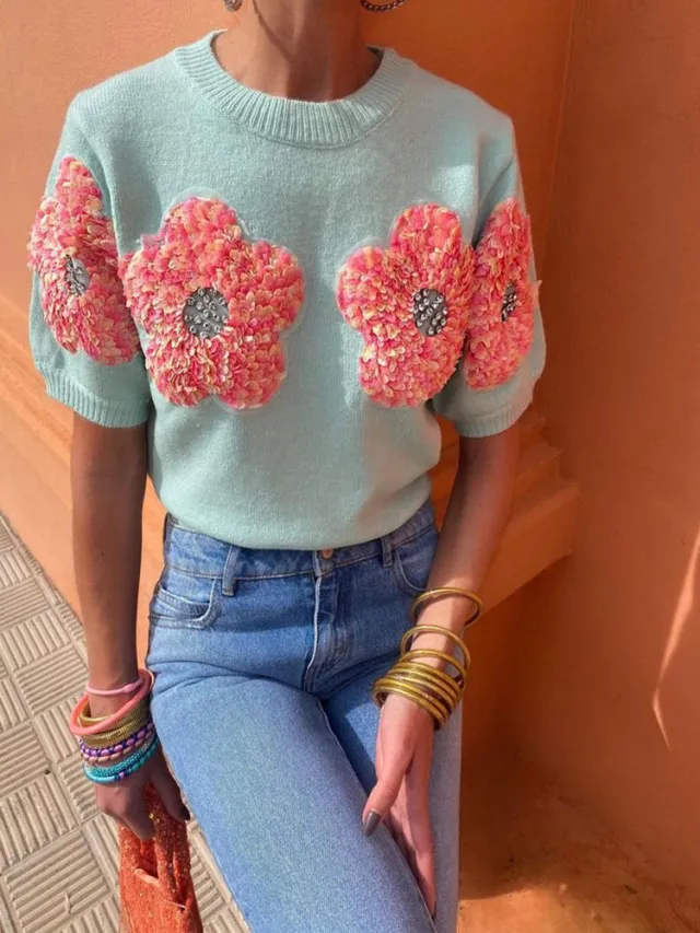 European And American Contrast Color Flower Sweet Pink Round collar Short Sleeve Sweater Green - Shop at LoveMi