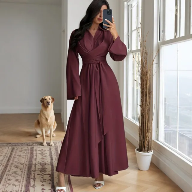 Long sleeve V neck A line Dress With A Tie Waist Red - Shop at LoveMi