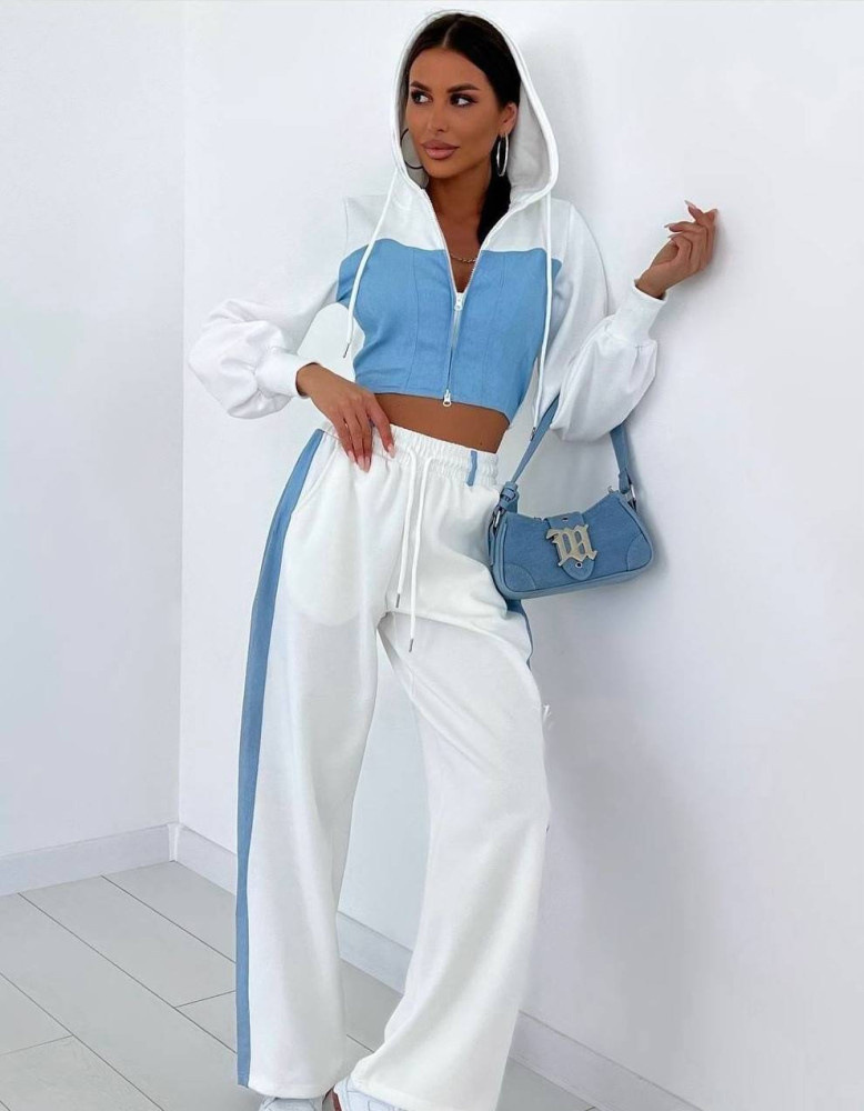 Fashion Casual Sweater Suit Denim Stitching Hooded Top And Trousers Women's Clothing