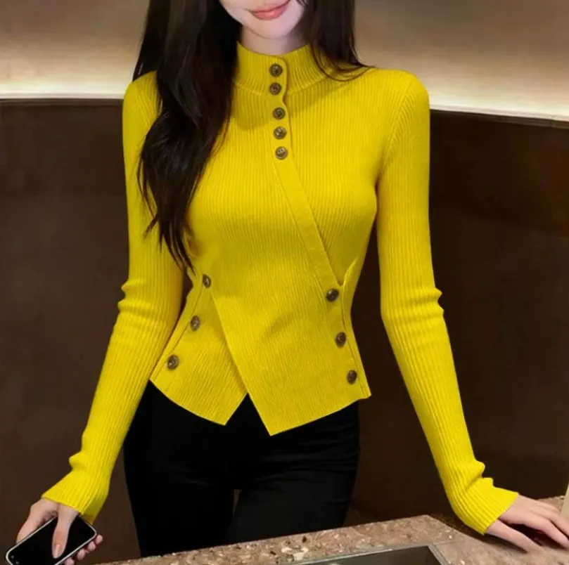 Autumn And Winter Retro Apricot Semi-high Neck Knitted Sweater Women's Fitted Base Shirt Long Sleeve Top - Yellow