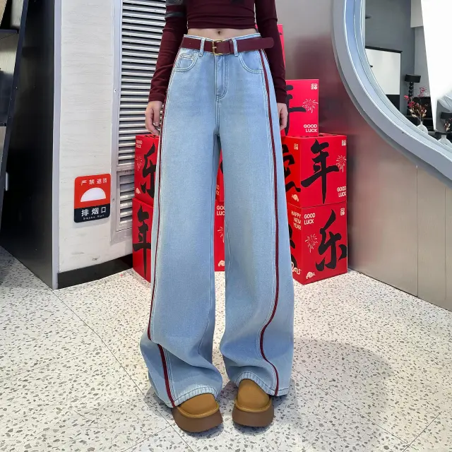 Plus Size Denim Women Loose Slimming High Waist Wide Legs Mop Pants Light Blue - Shop at LoveMi