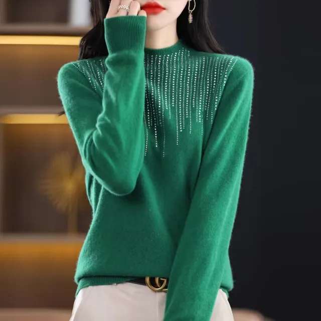 Women's Diamond embedded Half turtleneck Wool Sweater Bottoming Shirt Green - Shop at LoveMi